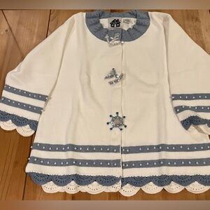 NEW Storybook Knits Vintage Cardigan White and Blue with Embellishments Size M